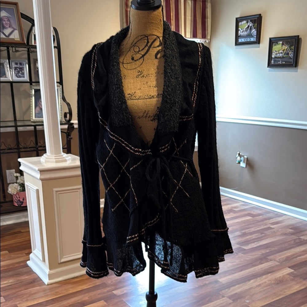 Size large black open front with tie (fits like a wrap) cardigan